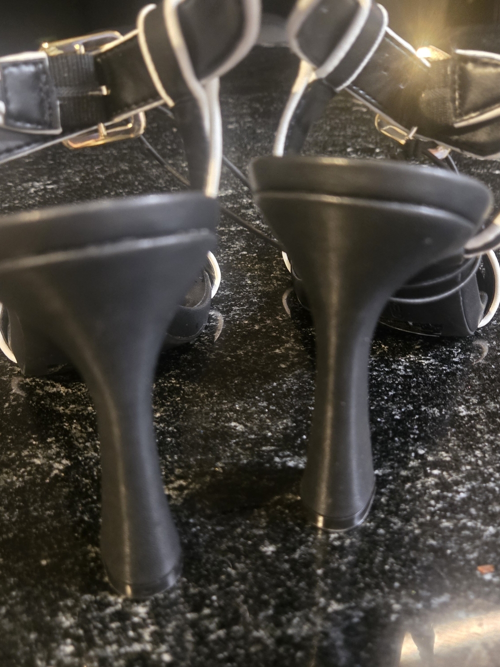 Karl Lagerfeld Black Heels with White Trim and Gold Buckles - Picture 6 of 9